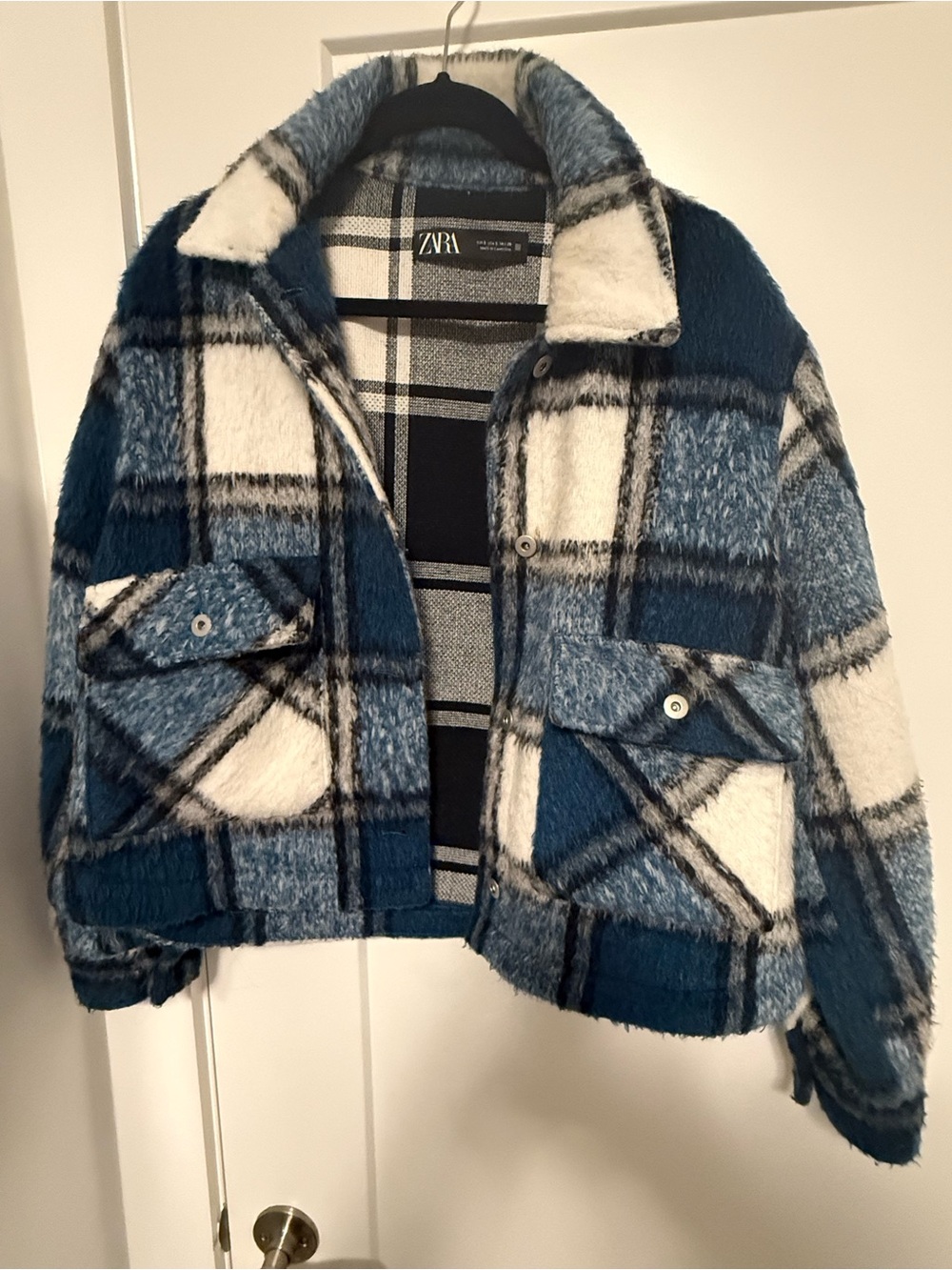 Zara Teal & White Plaid Teddy Jacket